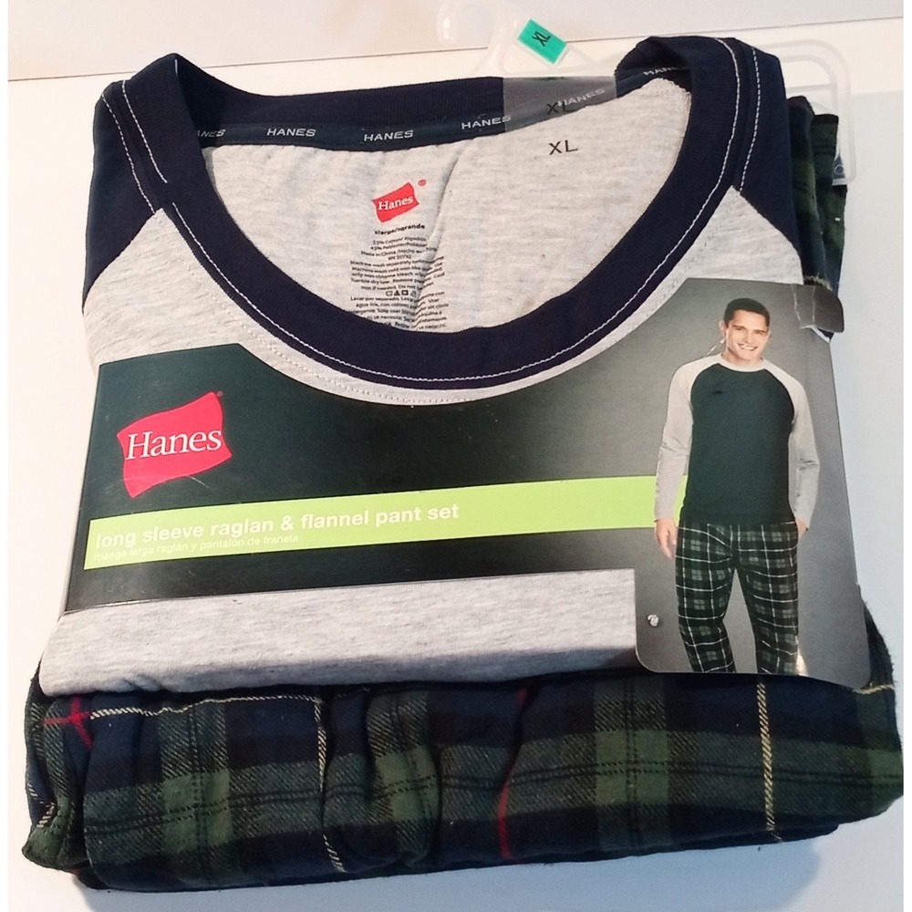 New Hanes Raglan Flannel Men's Pajama Set, XL, Green Plaid